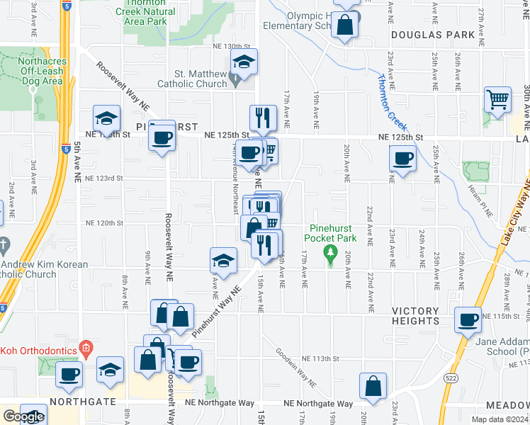 map of restaurants, bars, coffee shops, grocery stores, and more near 12025 Pinehurst Way Northeast in Seattle