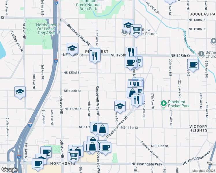 map of restaurants, bars, coffee shops, grocery stores, and more near 12027 12th Avenue Northeast in Seattle
