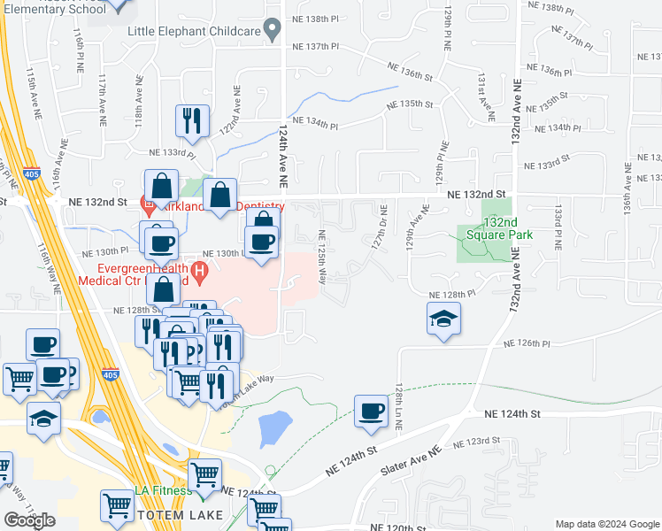 map of restaurants, bars, coffee shops, grocery stores, and more near 12528 Northeast 129th Court in Kirkland