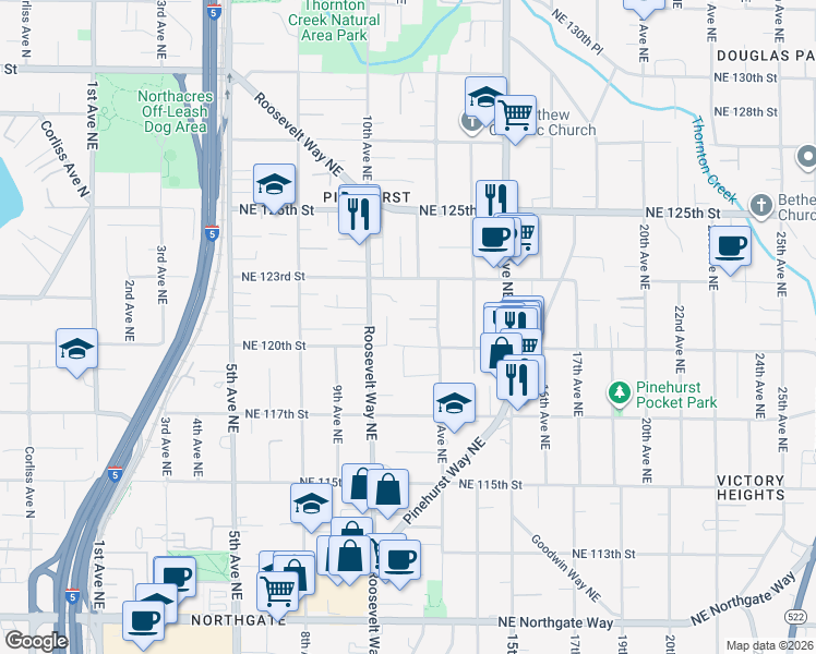 map of restaurants, bars, coffee shops, grocery stores, and more near 12027 12th Avenue Northeast in Seattle