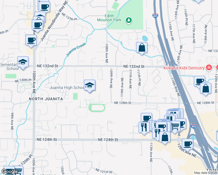 map of restaurants, bars, coffee shops, grocery stores, and more near 12853 109th Avenue Northeast in Kirkland