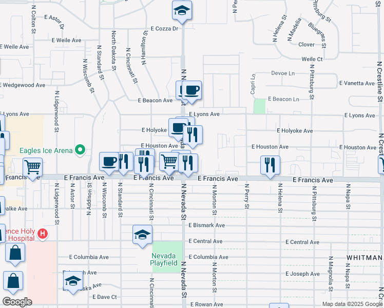 map of restaurants, bars, coffee shops, grocery stores, and more near 6402 North Nevada Street in Spokane