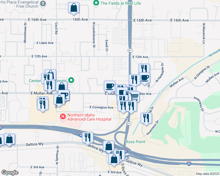 map of restaurants, bars, coffee shops, grocery stores, and more near 840 North Regal Court in Post Falls