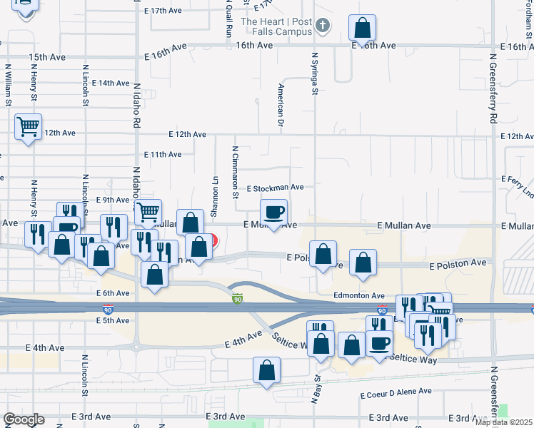 map of restaurants, bars, coffee shops, grocery stores, and more near 850 North Fulton Street in Post Falls