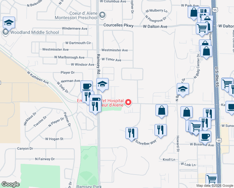 map of restaurants, bars, coffee shops, grocery stores, and more near 1351 West Kathleen Avenue in Coeur d'Alene