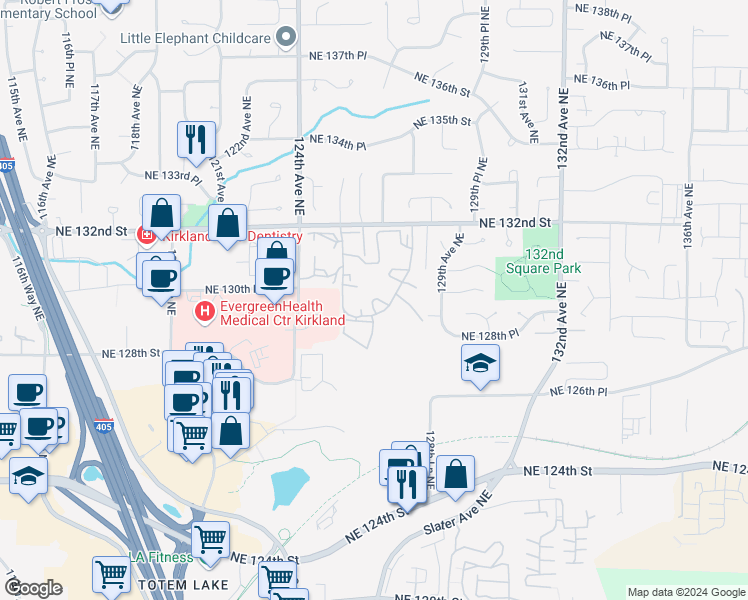 map of restaurants, bars, coffee shops, grocery stores, and more near 12904 126th Court Northeast in Kirkland