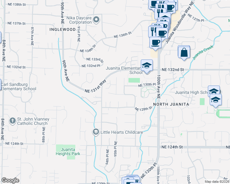 map of restaurants, bars, coffee shops, grocery stores, and more near 12923 95th Place Northeast in Kirkland