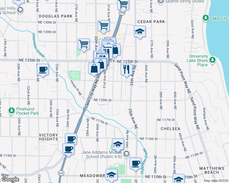 map of restaurants, bars, coffee shops, grocery stores, and more near 12042 32nd Avenue Northeast in Seattle