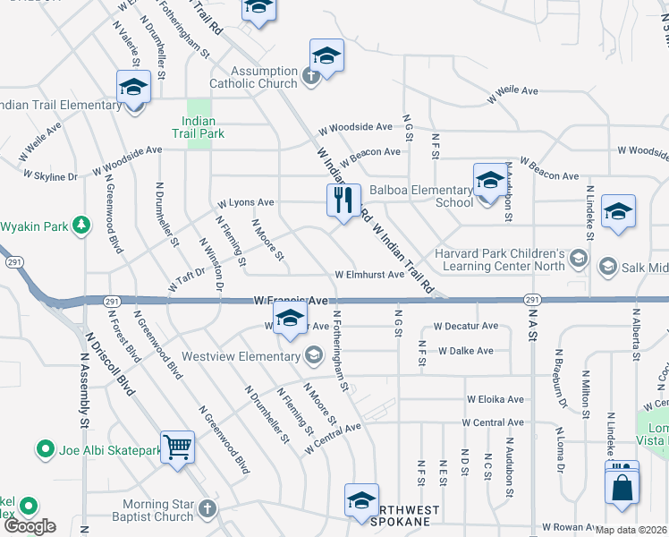 map of restaurants, bars, coffee shops, grocery stores, and more near 3426 West Elmhurst Avenue in Spokane
