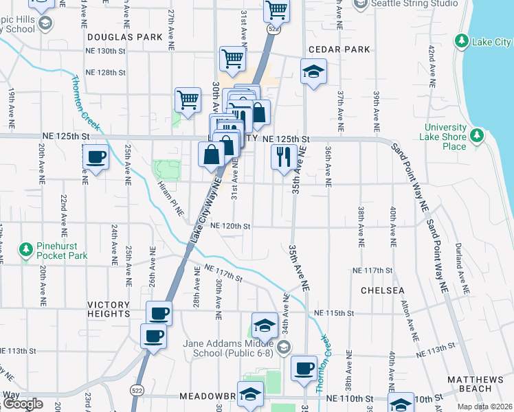 map of restaurants, bars, coffee shops, grocery stores, and more near 12042 32nd Avenue Northeast in Seattle