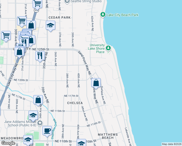 map of restaurants, bars, coffee shops, grocery stores, and more near 12000 Sand Point Way Northeast in Seattle