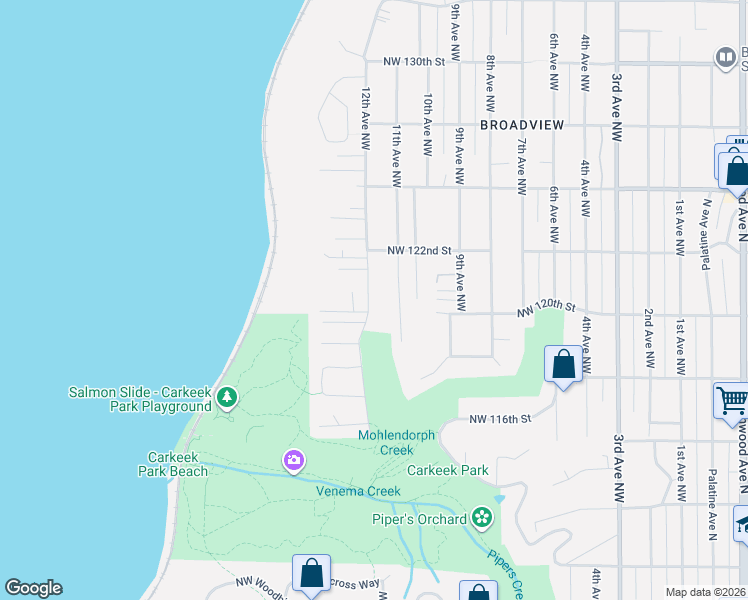 map of restaurants, bars, coffee shops, grocery stores, and more near 12010 12th Avenue Northwest in Seattle