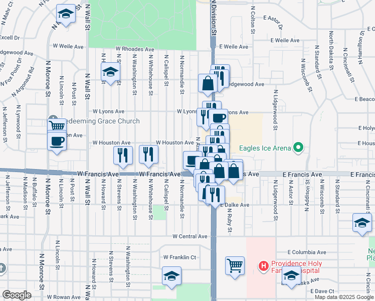 map of restaurants, bars, coffee shops, grocery stores, and more near 6411 North Normandie Street in Spokane