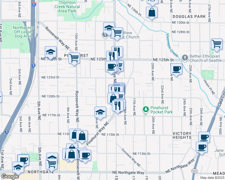 map of restaurants, bars, coffee shops, grocery stores, and more near 12027 15th Avenue Northeast in Seattle