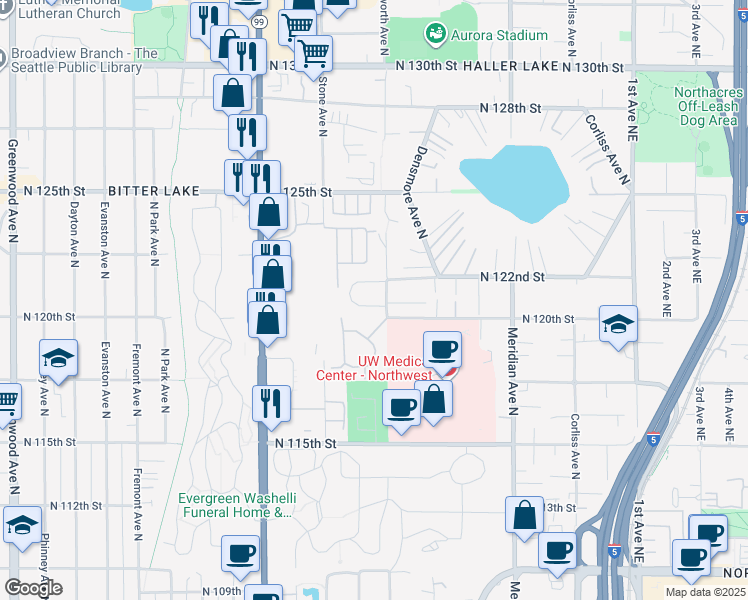 map of restaurants, bars, coffee shops, grocery stores, and more near 1334 North 121st Street in Seattle