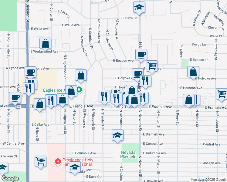 map of restaurants, bars, coffee shops, grocery stores, and more near 6417 North Cincinnati Street in Spokane