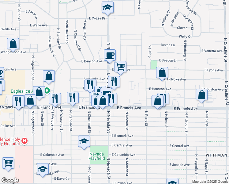 map of restaurants, bars, coffee shops, grocery stores, and more near 6402 North Nevada Street in Spokane