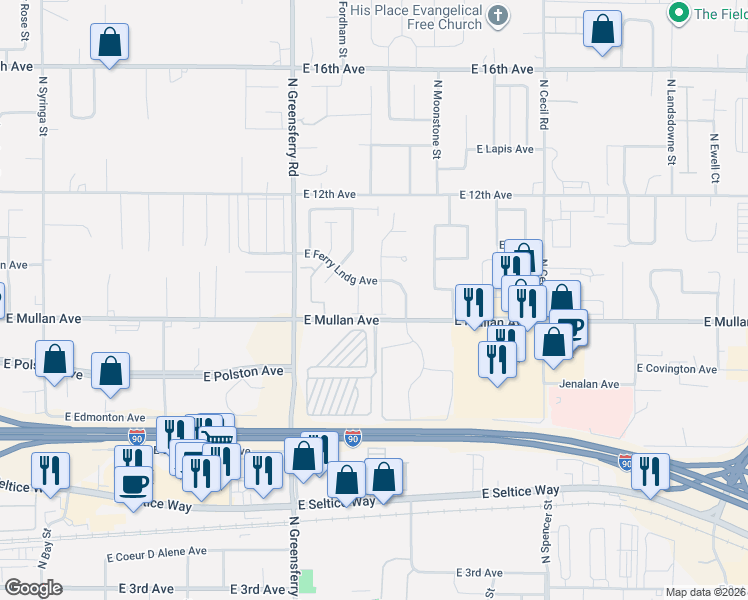 map of restaurants, bars, coffee shops, grocery stores, and more near 842 North Doryport Court in Post Falls