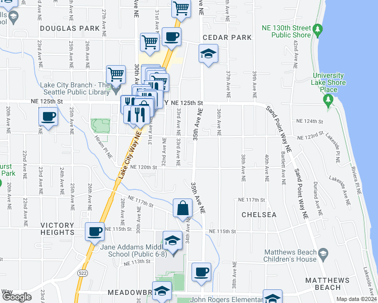 map of restaurants, bars, coffee shops, grocery stores, and more near 12031 35th Avenue Northeast in Seattle
