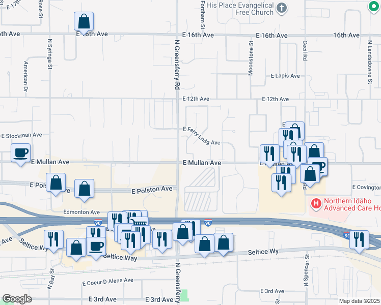 map of restaurants, bars, coffee shops, grocery stores, and more near 875 North Tubsgate Place in Post Falls