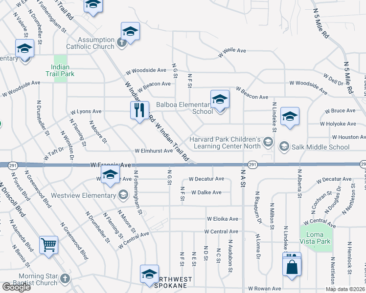 map of restaurants, bars, coffee shops, grocery stores, and more near 3123 West Rosewood Avenue in Spokane
