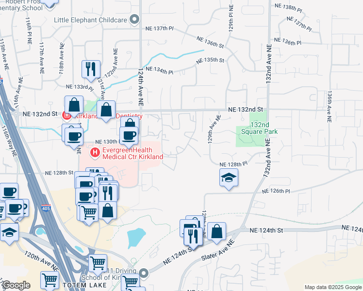 map of restaurants, bars, coffee shops, grocery stores, and more near 12904 126th Court Northeast in Kirkland