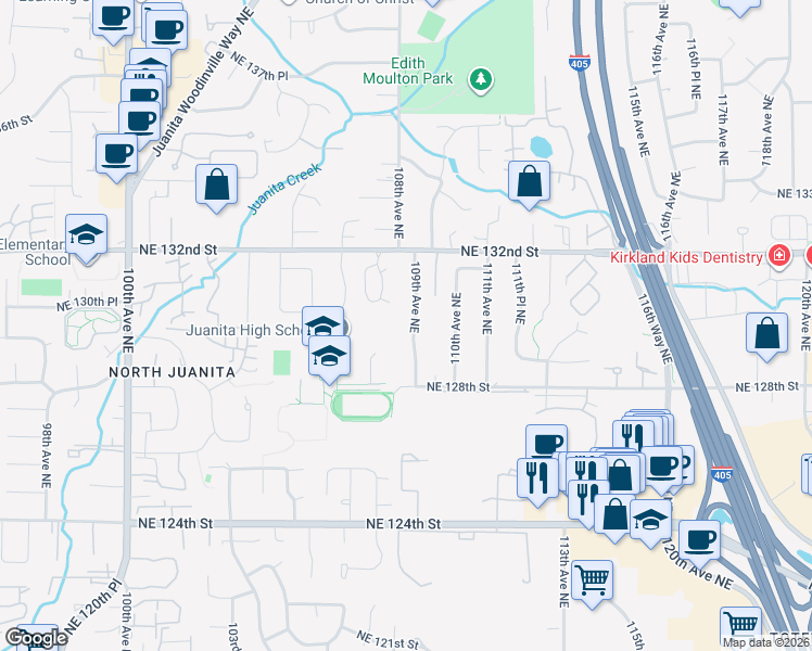 map of restaurants, bars, coffee shops, grocery stores, and more near 12853 109th Avenue Northeast in Kirkland