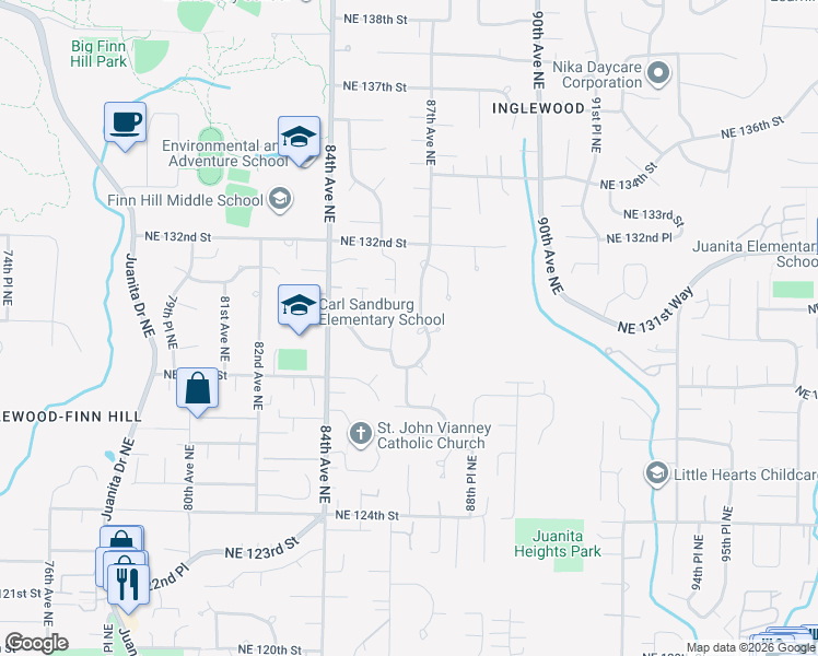 map of restaurants, bars, coffee shops, grocery stores, and more near 12911 87th Avenue Northeast in Kirkland