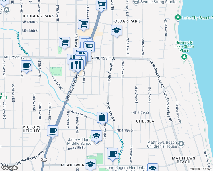 map of restaurants, bars, coffee shops, grocery stores, and more near 12035 35th Avenue Northeast in Seattle