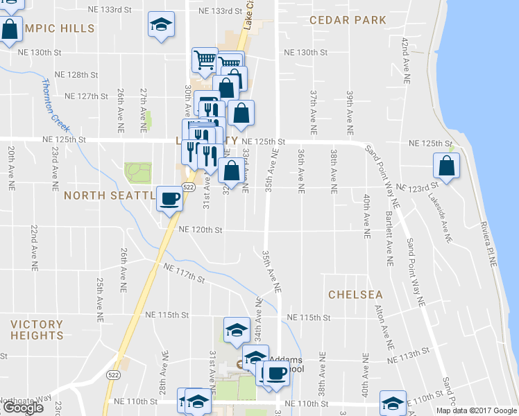 map of restaurants, bars, coffee shops, grocery stores, and more near 12035 35th Avenue Northeast in Seattle