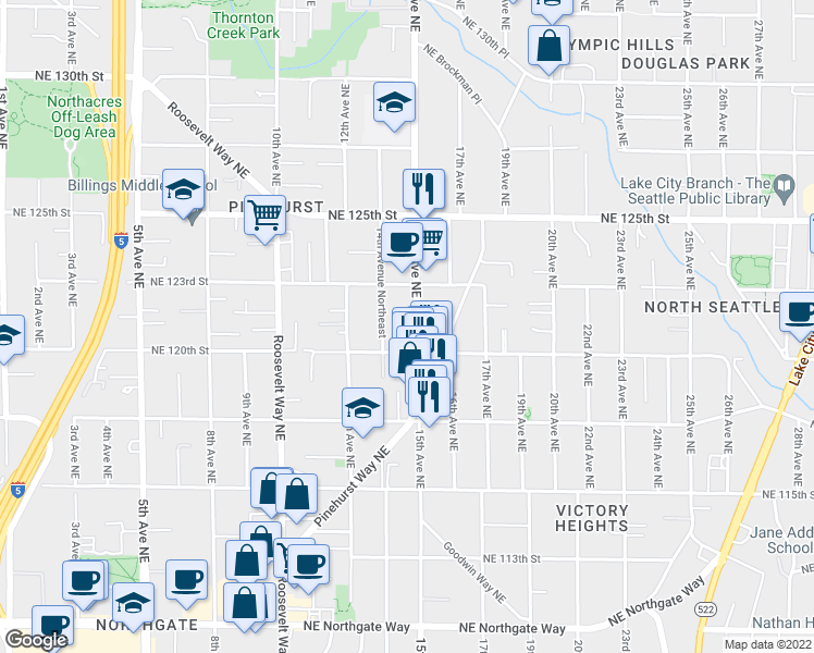map of restaurants, bars, coffee shops, grocery stores, and more near 12027 15th Avenue Northeast in Seattle