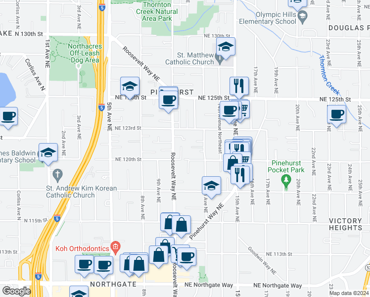 map of restaurants, bars, coffee shops, grocery stores, and more near 12002 Roosevelt Way Northeast in Seattle