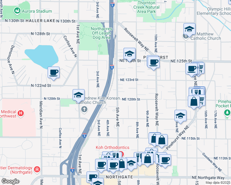 map of restaurants, bars, coffee shops, grocery stores, and more near 12021 5th Avenue Northeast in Seattle