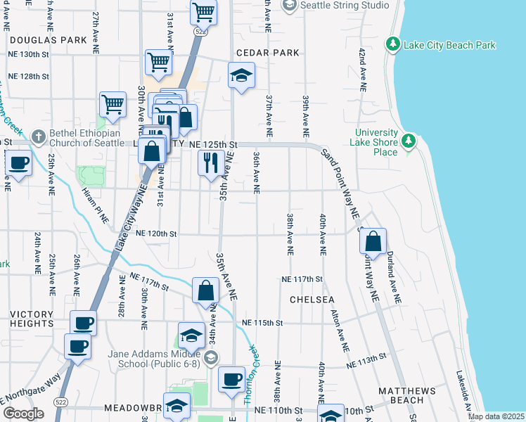 map of restaurants, bars, coffee shops, grocery stores, and more near 12032 36th Avenue Northeast in Seattle