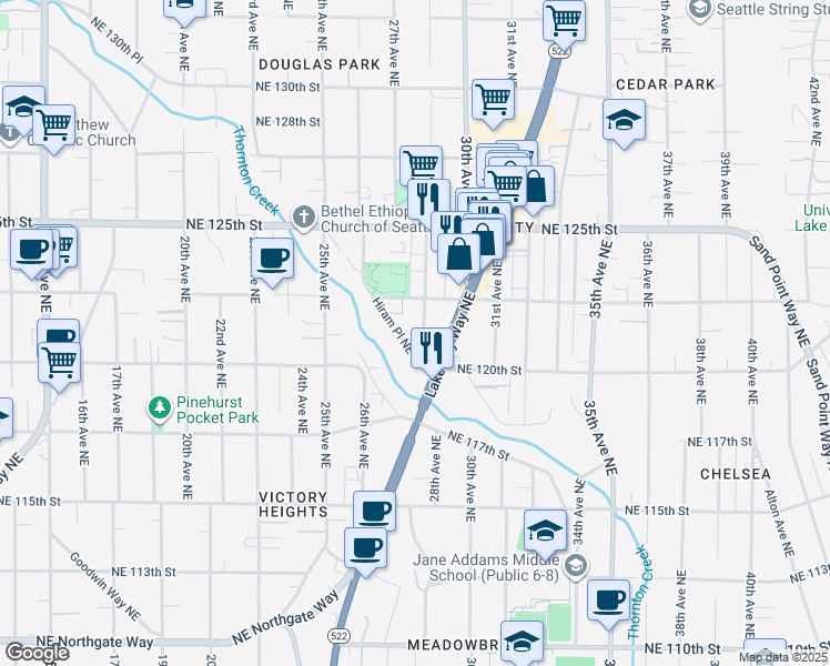 map of restaurants, bars, coffee shops, grocery stores, and more near 12026b 28th Avenue Northeast in Seattle