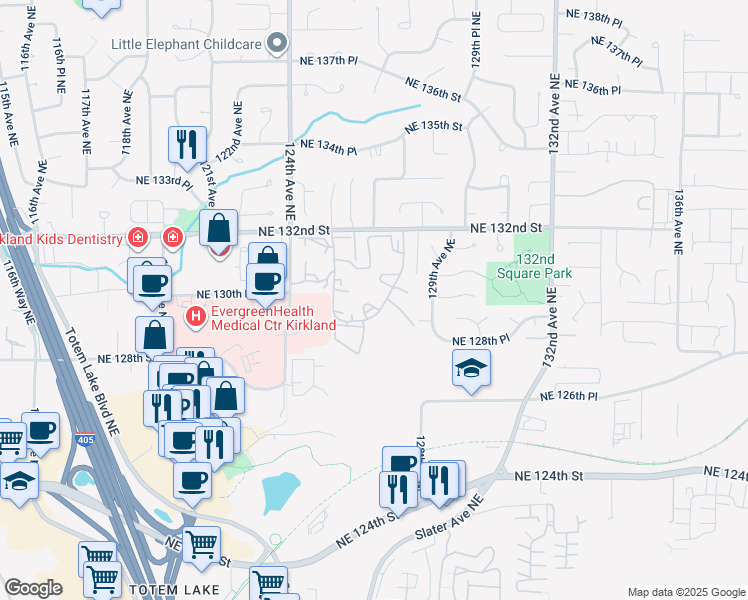 map of restaurants, bars, coffee shops, grocery stores, and more near 12904 126th Court Northeast in Kirkland