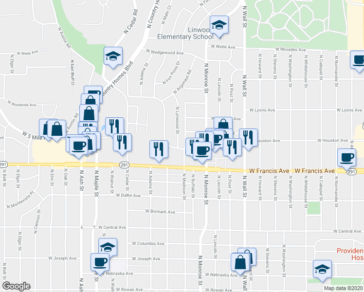 map of restaurants, bars, coffee shops, grocery stores, and more near 1114 West Rosewood Court in Spokane