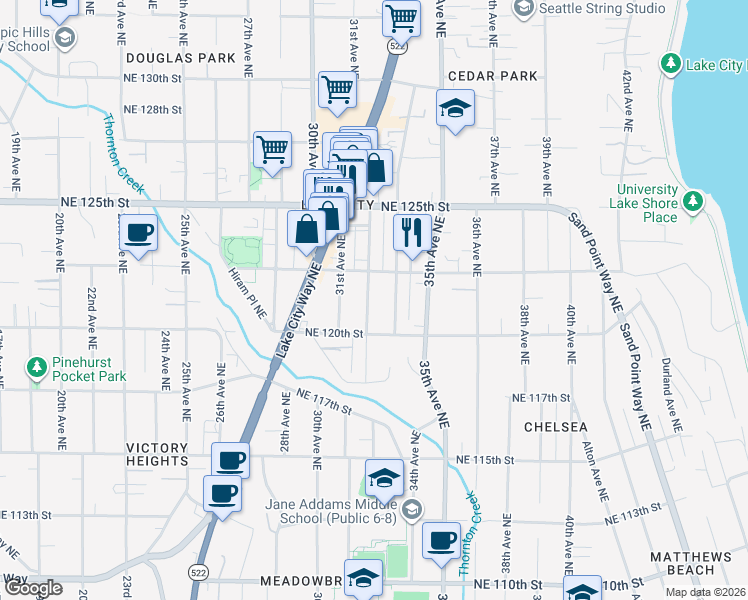 map of restaurants, bars, coffee shops, grocery stores, and more near 12042 32nd Avenue Northeast in Seattle