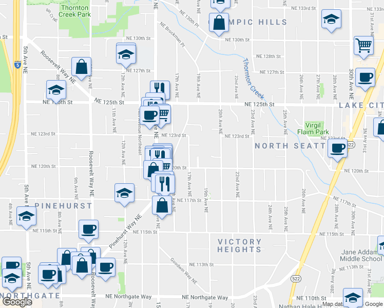 map of restaurants, bars, coffee shops, grocery stores, and more near 12026 17th Avenue Northeast in Seattle