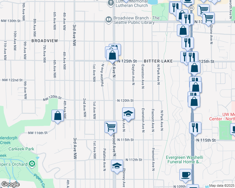 map of restaurants, bars, coffee shops, grocery stores, and more near 12012 Greenwood Avenue North in Seattle