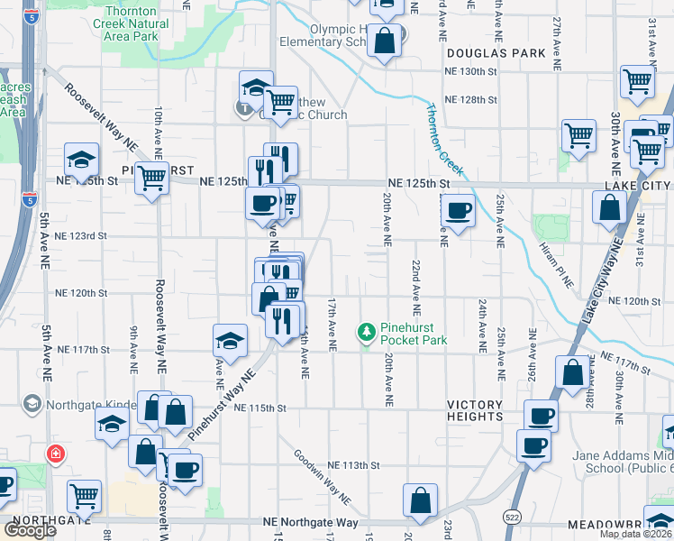 map of restaurants, bars, coffee shops, grocery stores, and more near 12026 17th Avenue Northeast in Seattle