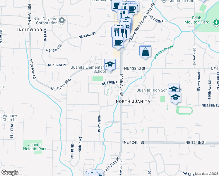 map of restaurants, bars, coffee shops, grocery stores, and more near 9823 Northeast 130th Place in Kirkland