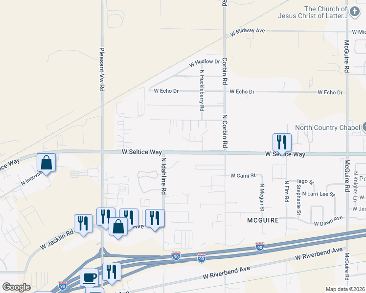 map of restaurants, bars, coffee shops, grocery stores, and more near 3426 West Lilac Court in Post Falls