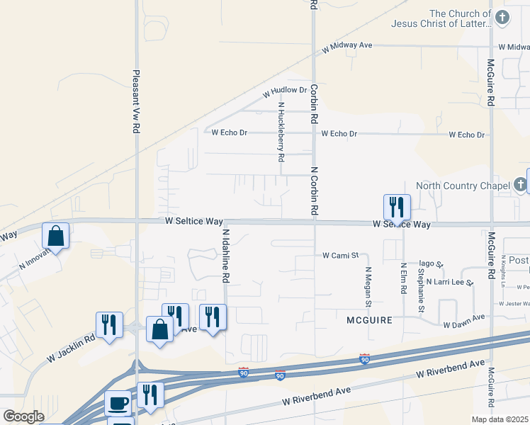 map of restaurants, bars, coffee shops, grocery stores, and more near 3426 West Lilac Court in Post Falls