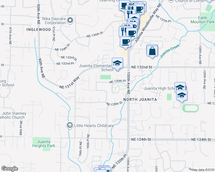 map of restaurants, bars, coffee shops, grocery stores, and more near 9725 Northeast 130th Place in Kirkland