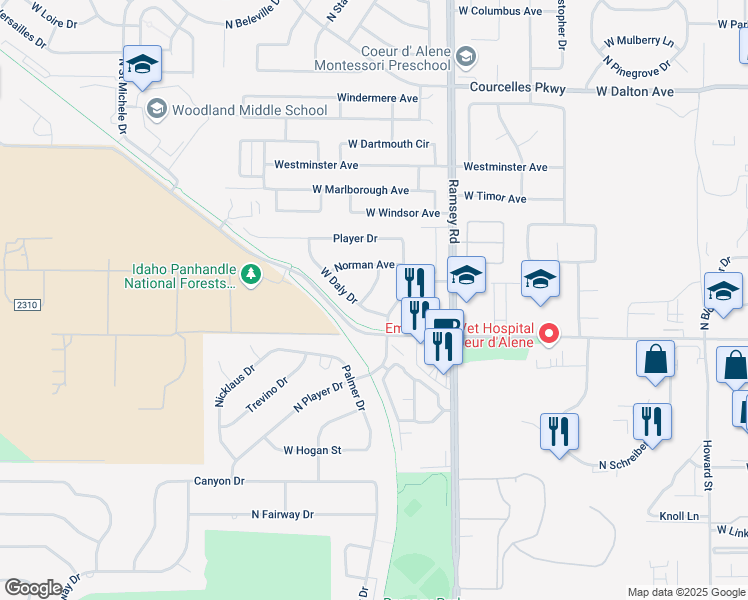 map of restaurants, bars, coffee shops, grocery stores, and more near 4041 North Player Drive in Coeur d'Alene