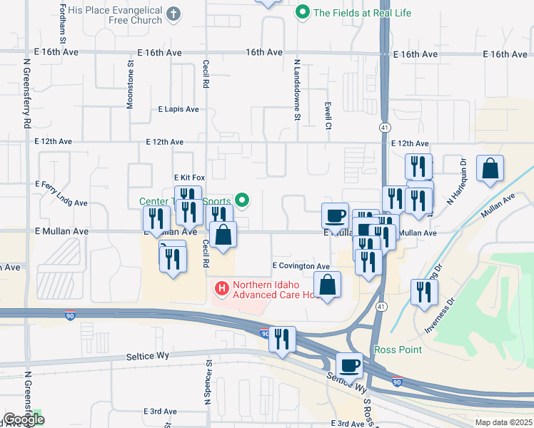 map of restaurants, bars, coffee shops, grocery stores, and more near 892 North Kimberly Lane in Post Falls