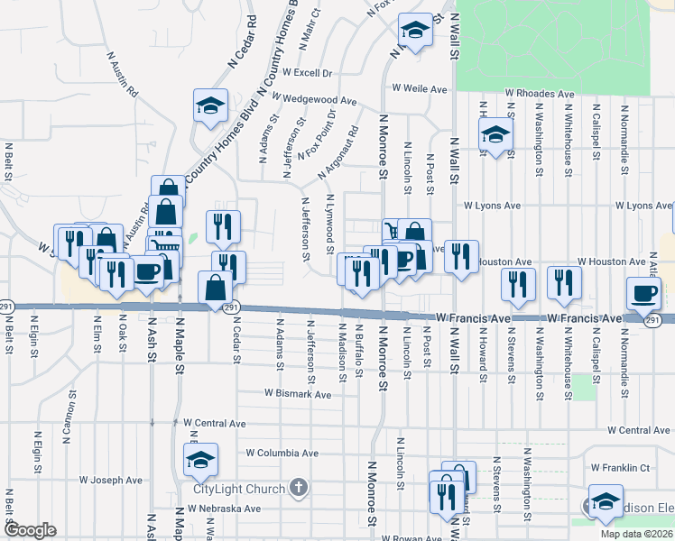 map of restaurants, bars, coffee shops, grocery stores, and more near 1114 West Rosewood Court in Spokane