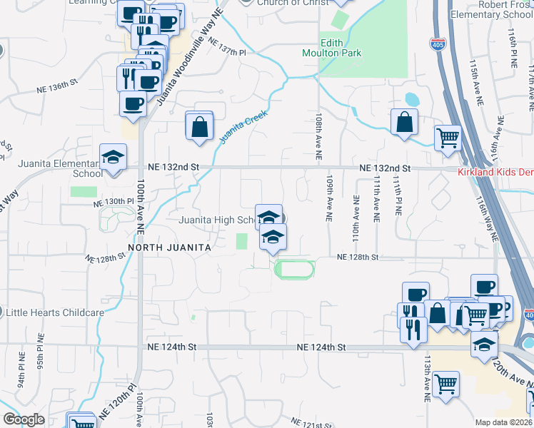 map of restaurants, bars, coffee shops, grocery stores, and more near 10431 Northeast 130th Street in Kirkland