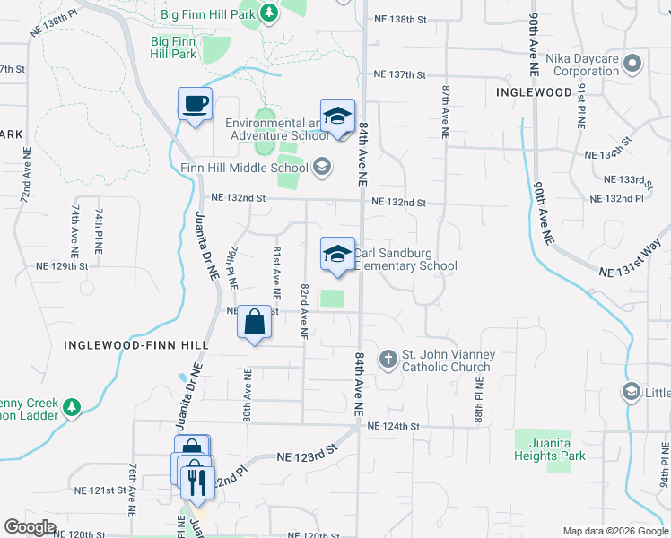 map of restaurants, bars, coffee shops, grocery stores, and more near 12801 84th Avenue Northeast in Kirkland